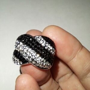 Black & Clear Crystal Silvertone Wide Statement Ring